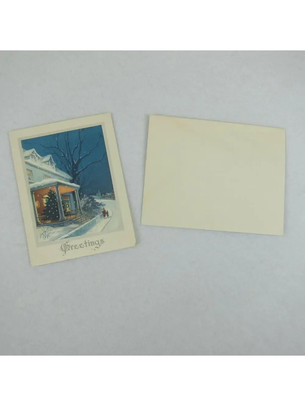 Vintage Litho Greeting Christmas Card & Envelope Snowy Night House Tree UNSIGNED